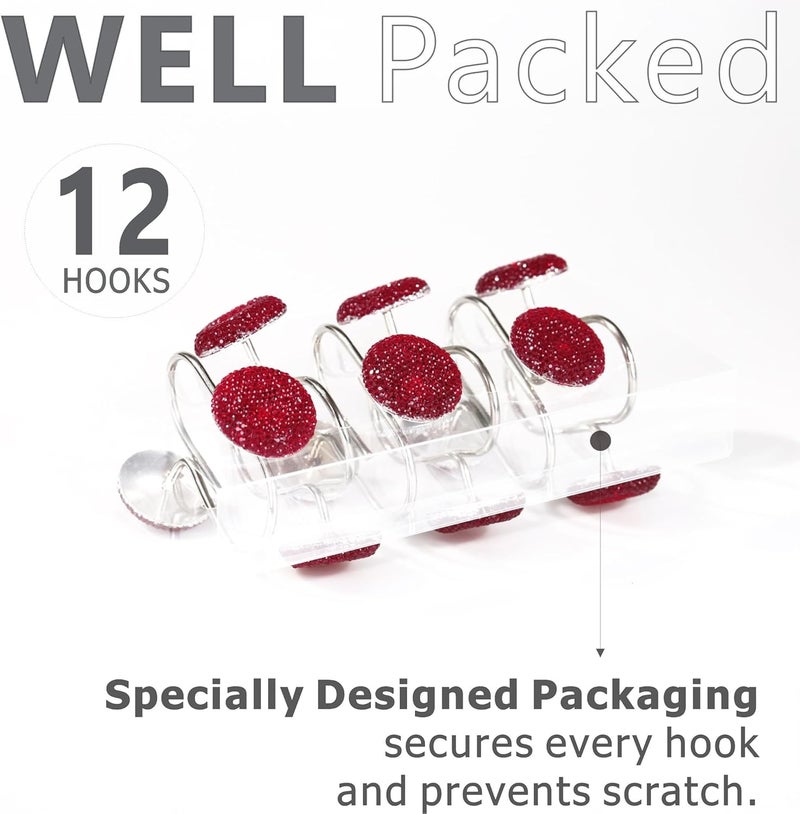 Popkozzi Red Crystal Shower Curtain Hooks – Luxury Sparkly Burgundy Rhinestone Decorative Rings for Christmas Valentines Day & Holiday Bathroom Décor – Elegant Xmas Bathroom Accessories & Gift for Women Girls - Image 5